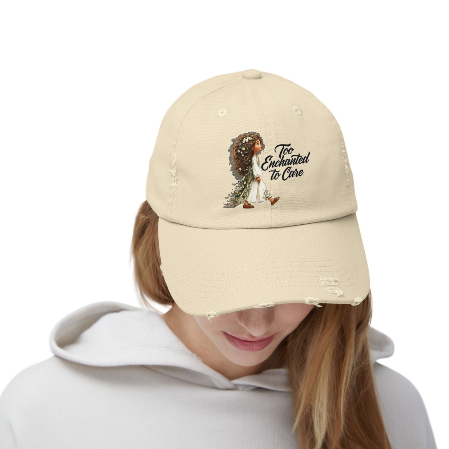 Distressed Cap — “Too Enchanted to Care” Girl Illustration Hat