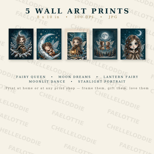 Winter Moon Fairy Dreams Printable Bundle Winter Fairy Wall Art Coloring Pages Gift Tags Clipart