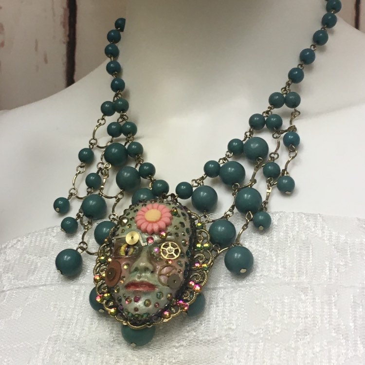 Handcrafted Spirit Doll Face Necklace: Creepy Art Jewelry