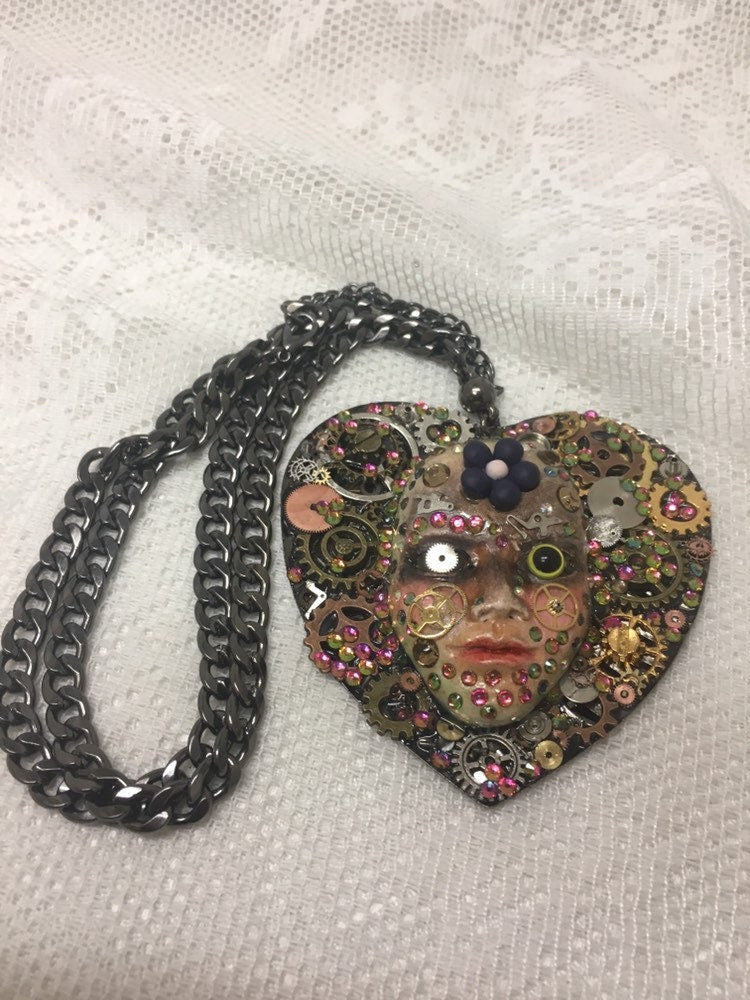 Spirit Assemblage Art Doll Necklace Heart