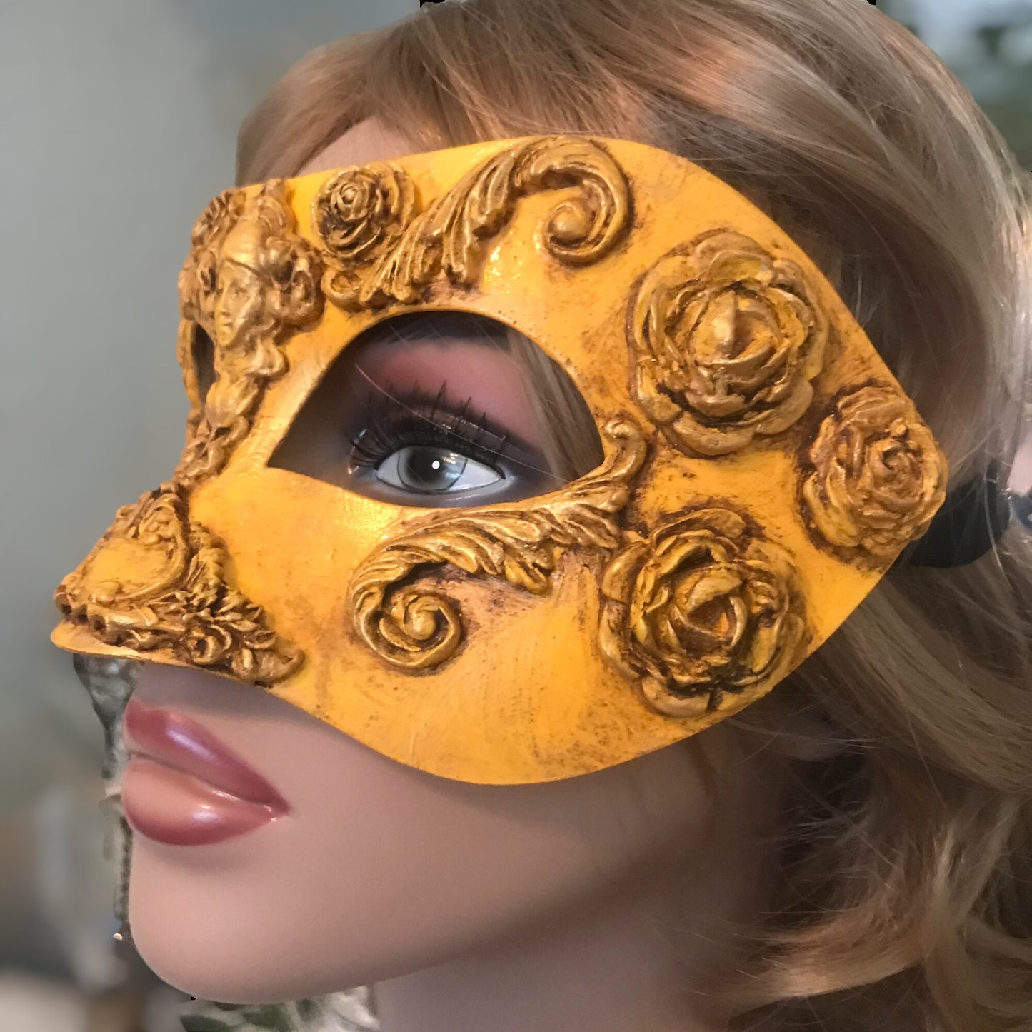 Yellow Masquerade Ball Mask, Party Mask, Masquerade Mask, Handmade Mask, Roses, Masks for Women, Purim Mask, Burning Man Mask, Wedding Mask