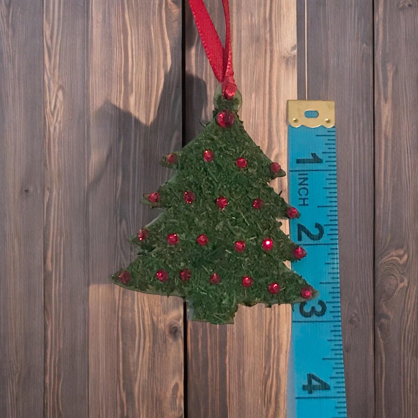 Moss Flocked Christmas Tree shaped Ornaments – Handmade Wood Ornament Red Rhinestones