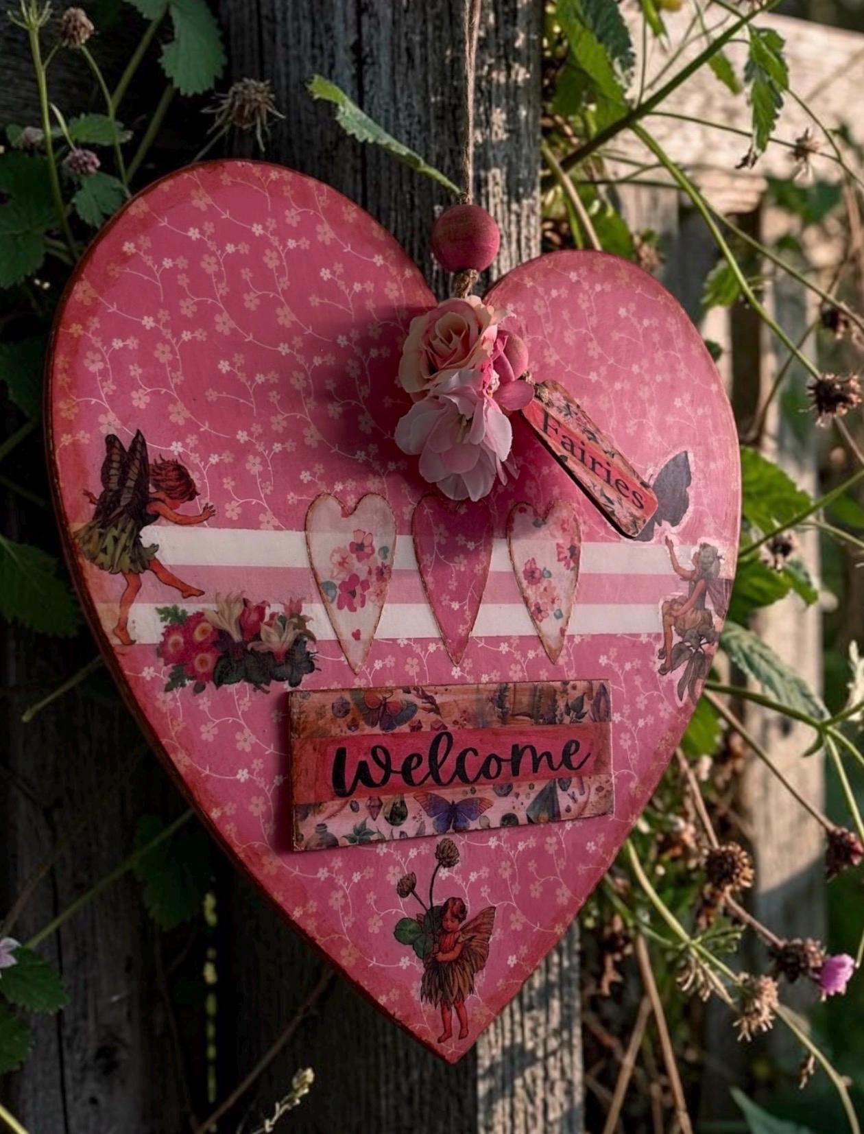 Handmade Fairy Welcome Heart Wall Hanging - Shabby Chic Decoupage Fairy Garden Decor
