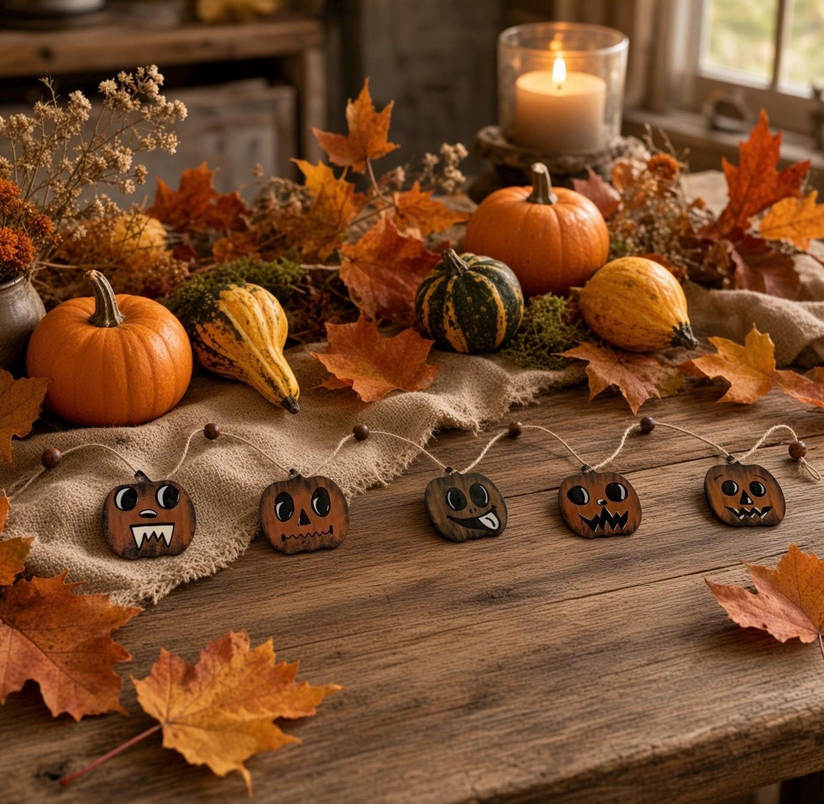 Whimsical Retro Wooden Halloween Pumpkin Garland