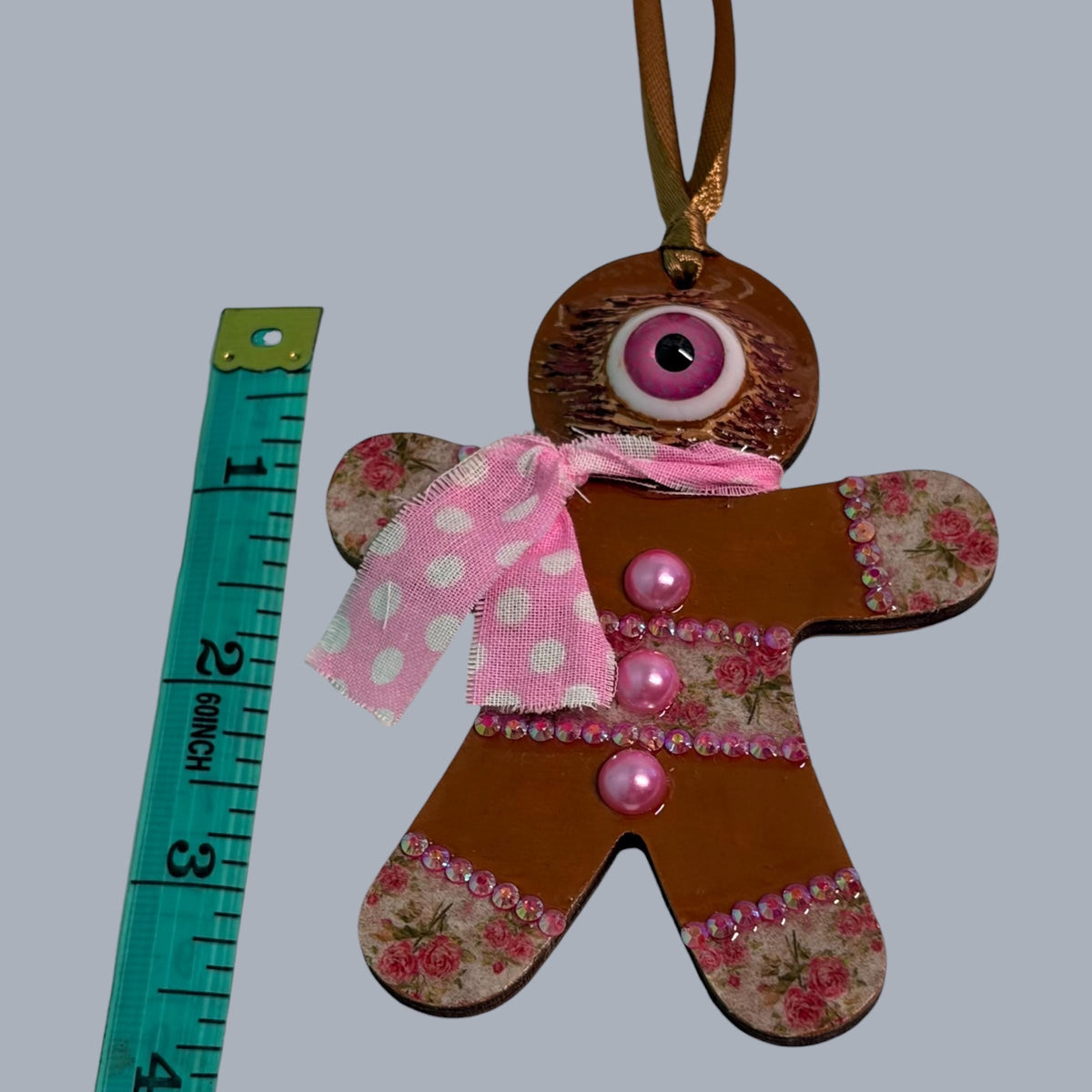 Hand-Painted One-Eyed Gingerbread Man Ornament Whimsical Folk Art Christmas Decoration