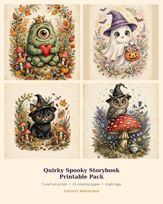 Quirky Spooky Storybook Printable Pack Halloween Wall Art Coloring Pages Gift Tags Clipart