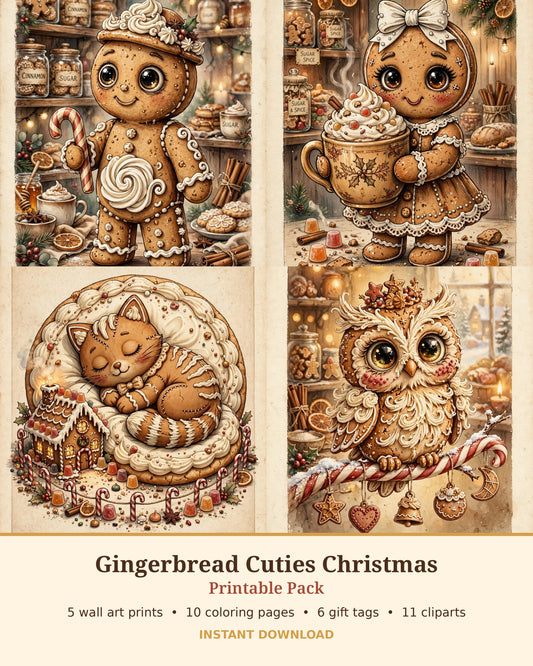 Gingerbread Christmas Printable Pack Cute Wall Art Coloring Pages Gift Tags Clipart