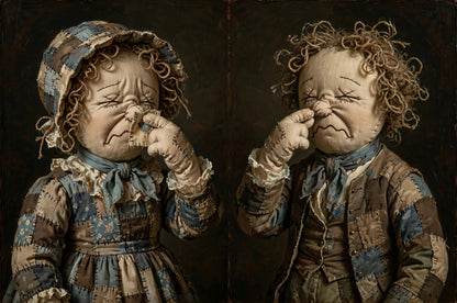 Rag Doll Portrait Set: Vintage Oil Painting Style, Stink Face Bathroom Humor