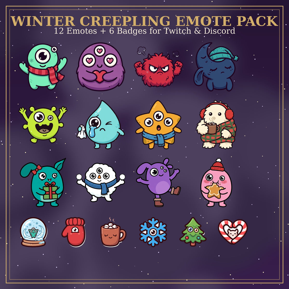 Winter Creepling Emote Pack — 12 Creepy Cute Monster Emotes + 6 Badges for Twitch and Discord