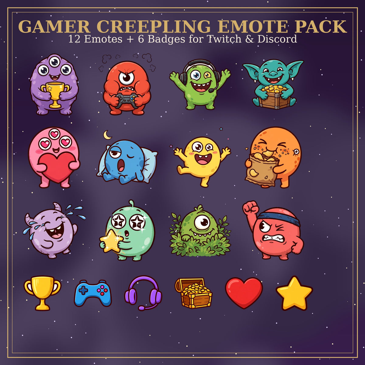 Gamer Creepling Emote Pack Twitch Discord Gaming Monster Faces Sub Badges Streamer Chat Graphics Victory Funny Bundle