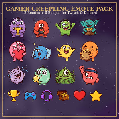 Gamer Creepling Emote Pack Twitch Discord Gaming Monster Faces Sub Badges Streamer Chat Graphics Victory Funny Bundle