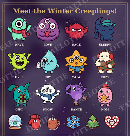 Winter Creepling Emote Pack — 12 Creepy Cute Monster Emotes + 6 Badges for Twitch and Discord