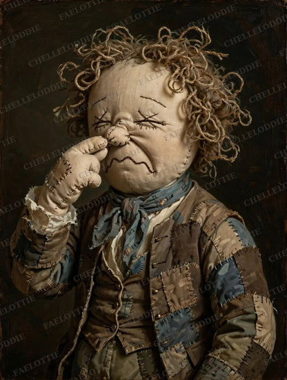 Rag Doll Portrait Set: Vintage Oil Painting Style, Stink Face Bathroom Humor