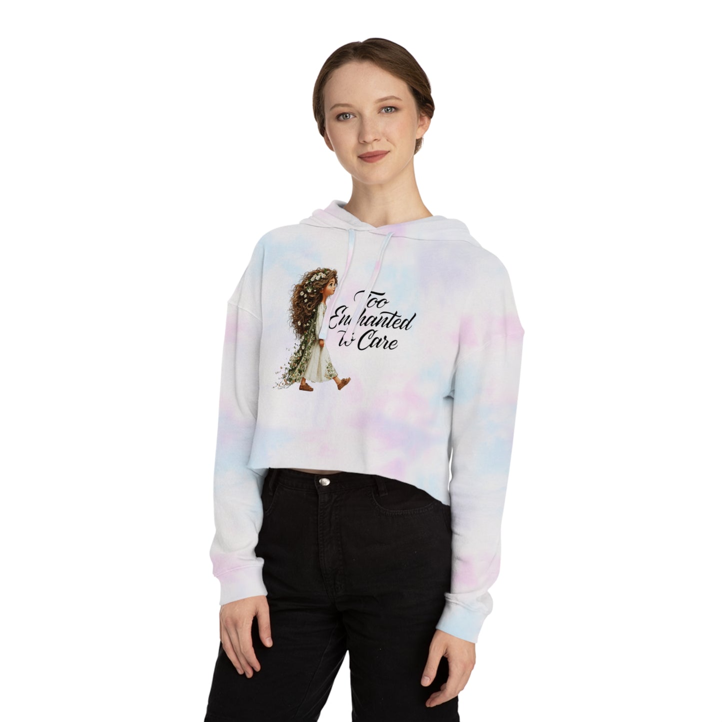 Cropped Hoodie - "Too Enchanted to Care" Boho Girl Graphic