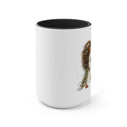Pink Accent Ceramic Mug — Cozy Floral Dog Illustration