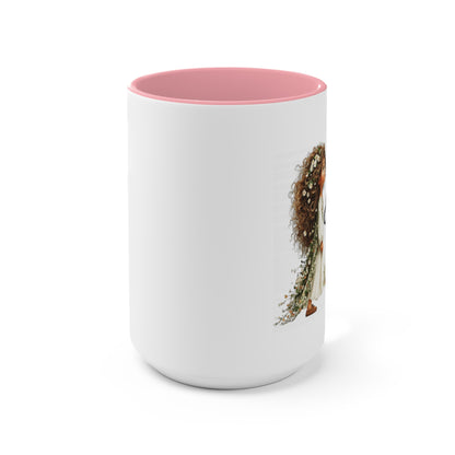 Pink Accent Ceramic Mug — Cozy Floral Dog Illustration