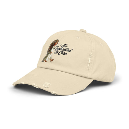 Distressed Cap — “Too Enchanted to Care” Girl Illustration Hat