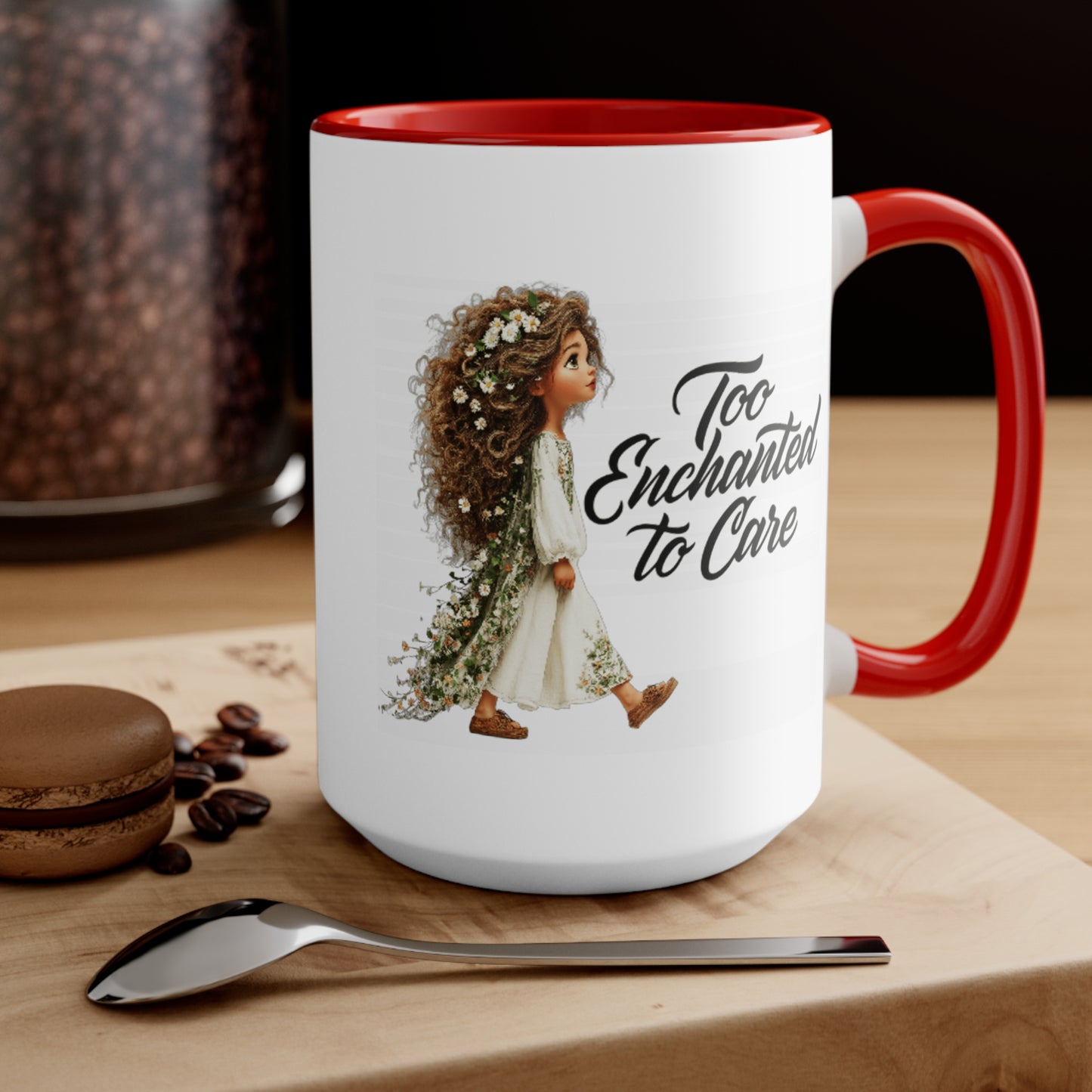 Pink Accent Ceramic Mug — Cozy Floral Dog Illustration