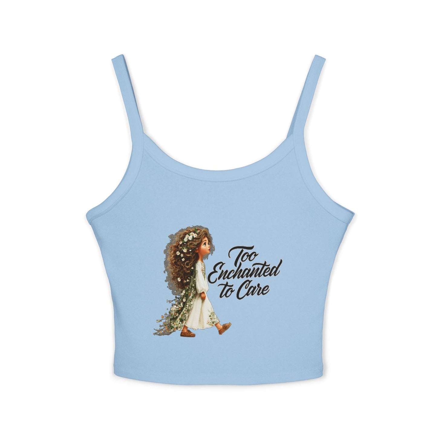 Spaghetti Tank Top — "Too Enchanted to Care" Fairy Girl Graphic