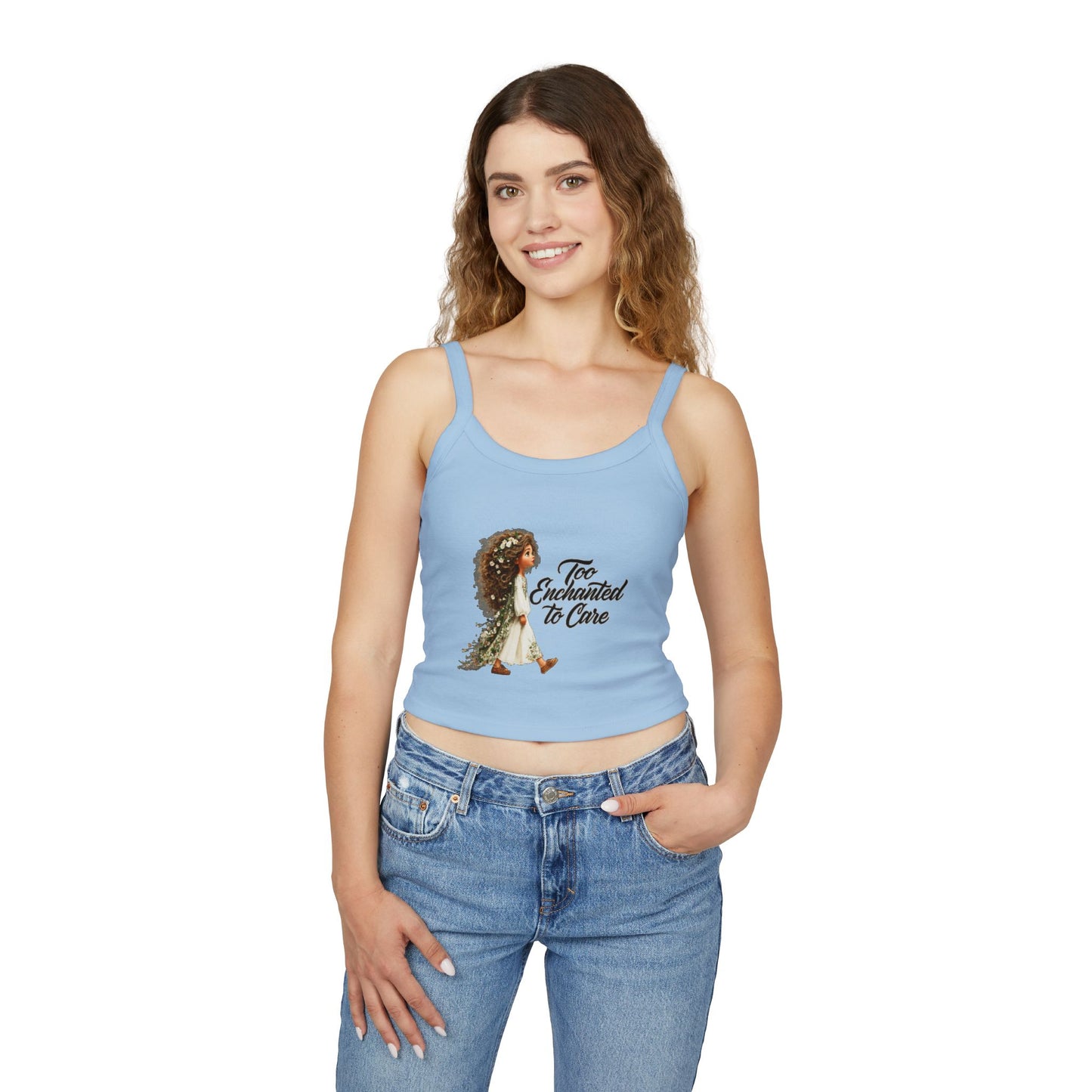 Spaghetti Tank Top — "Too Enchanted to Care" Fairy Girl Graphic