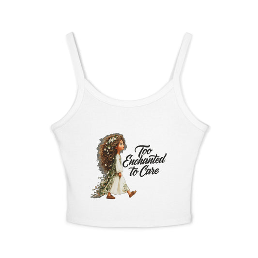 Spaghetti Tank Top — "Too Enchanted to Care" Fairy Girl Graphic