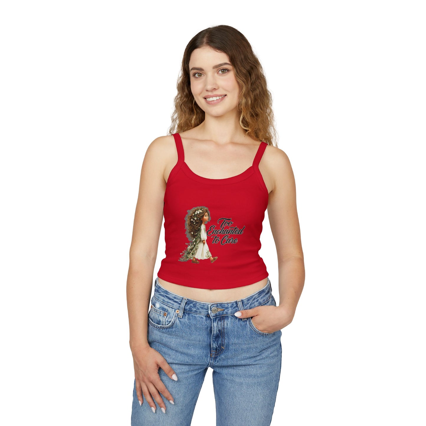 Spaghetti Tank Top — "Too Enchanted to Care" Fairy Girl Graphic