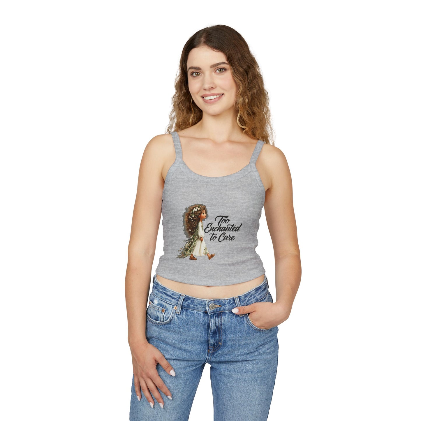 Spaghetti Tank Top — "Too Enchanted to Care" Fairy Girl Graphic