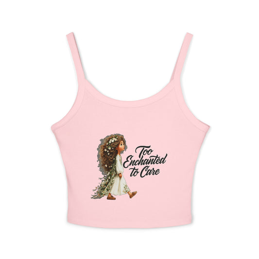 Spaghetti Tank Top — "Too Enchanted to Care" Fairy Girl Graphic