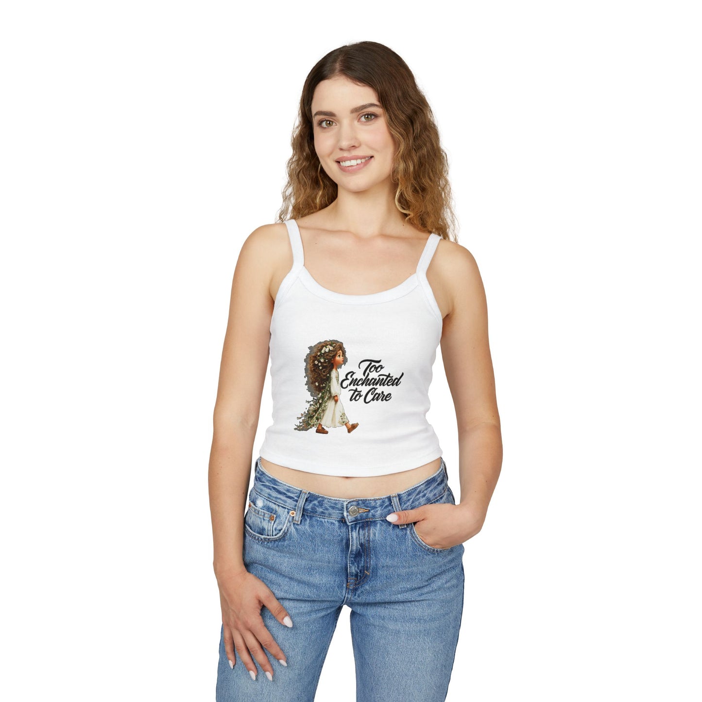Spaghetti Tank Top — "Too Enchanted to Care" Fairy Girl Graphic