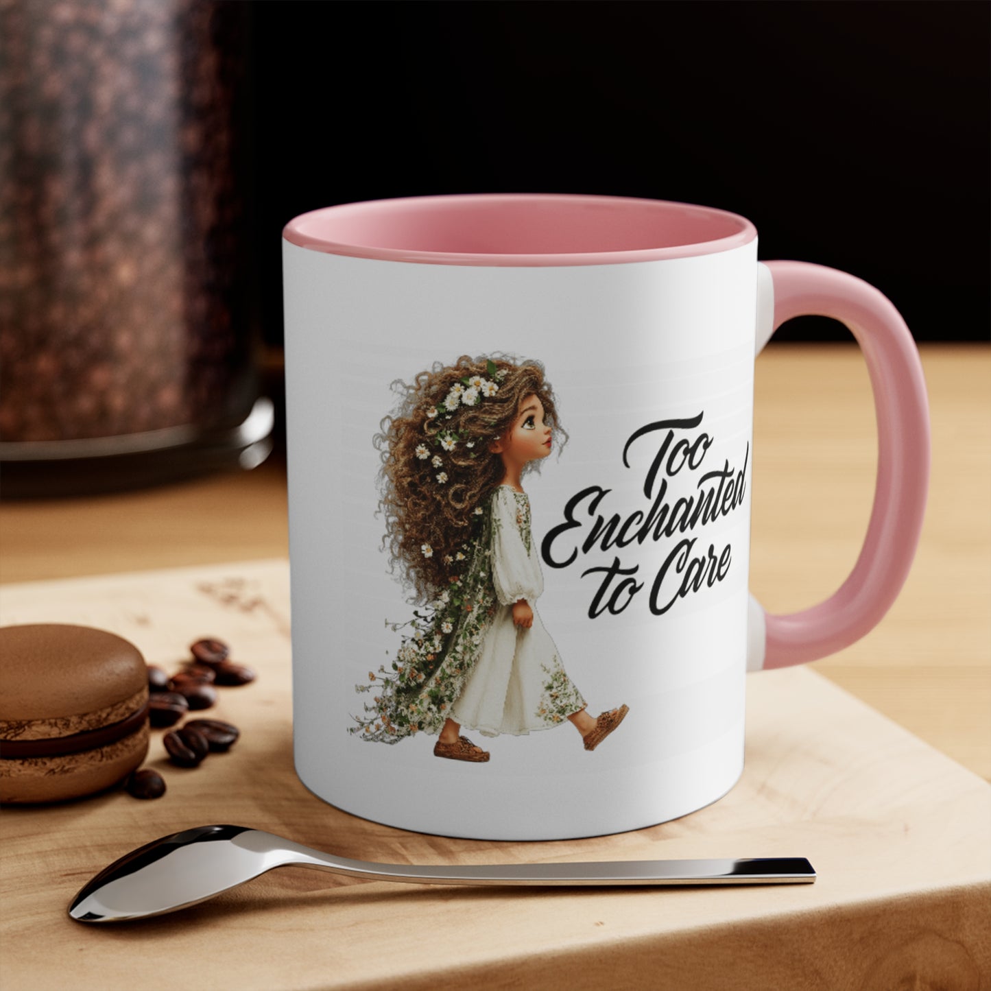 Pink Accent Ceramic Mug — Cozy Floral Dog Illustration
