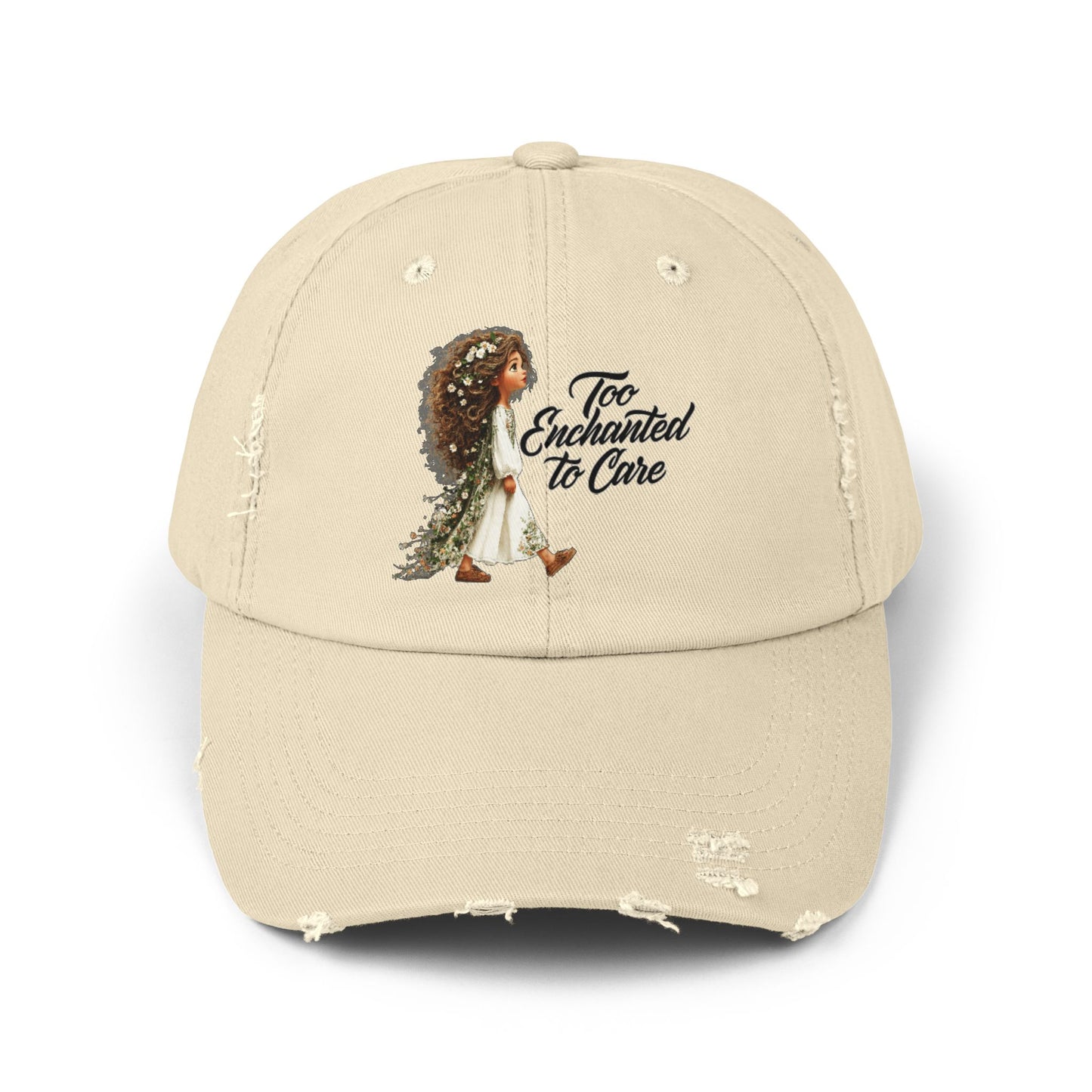 Distressed Cap — “Too Enchanted to Care” Girl Illustration Hat