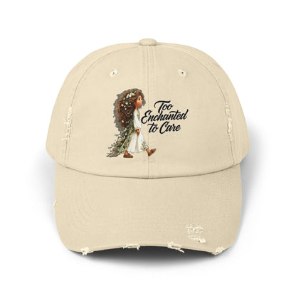 Distressed Cap — “Too Enchanted to Care” Girl Illustration Hat