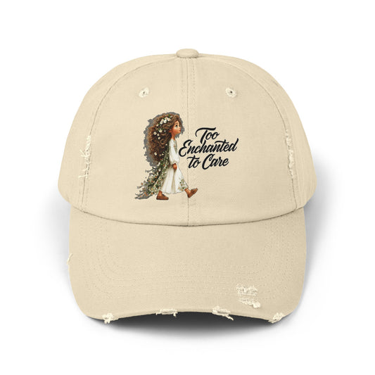 Distressed Cap — “Too Enchanted to Care” Girl Illustration Hat