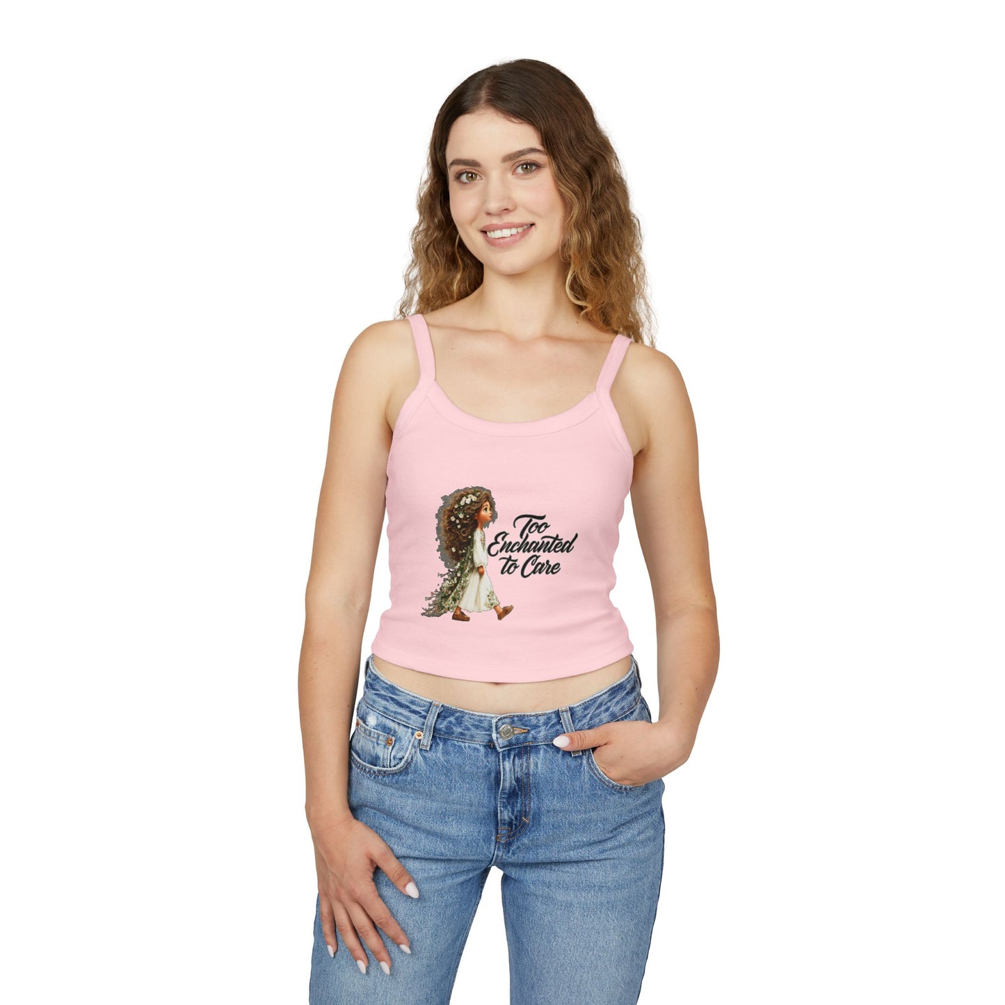 Spaghetti Tank Top — "Too Enchanted to Care" Fairy Girl Graphic