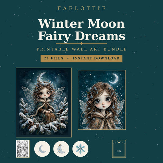Winter Moon Fairy Dreams Printable Bundle Winter Fairy Wall Art Coloring Pages Gift Tags Clipart