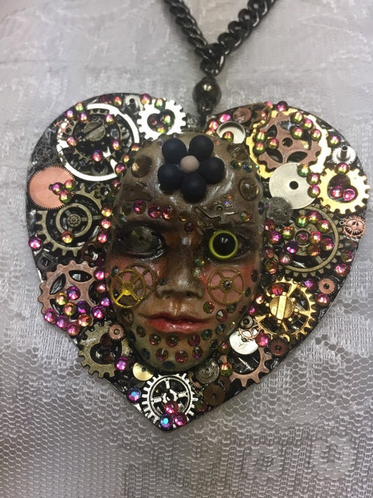 Spirit Assemblage Art Doll  Necklace Heart