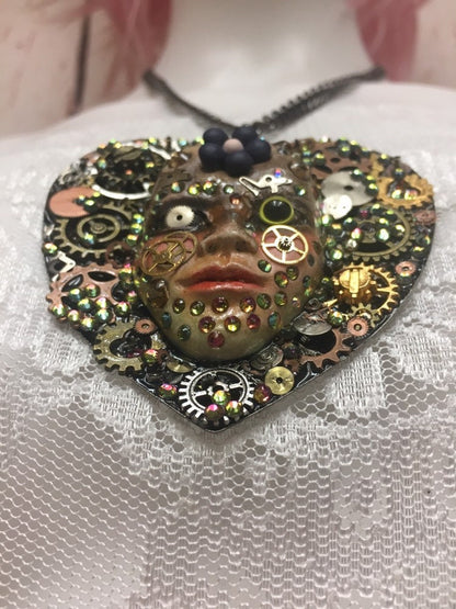 Spirit Assemblage Art Doll  Necklace Heart