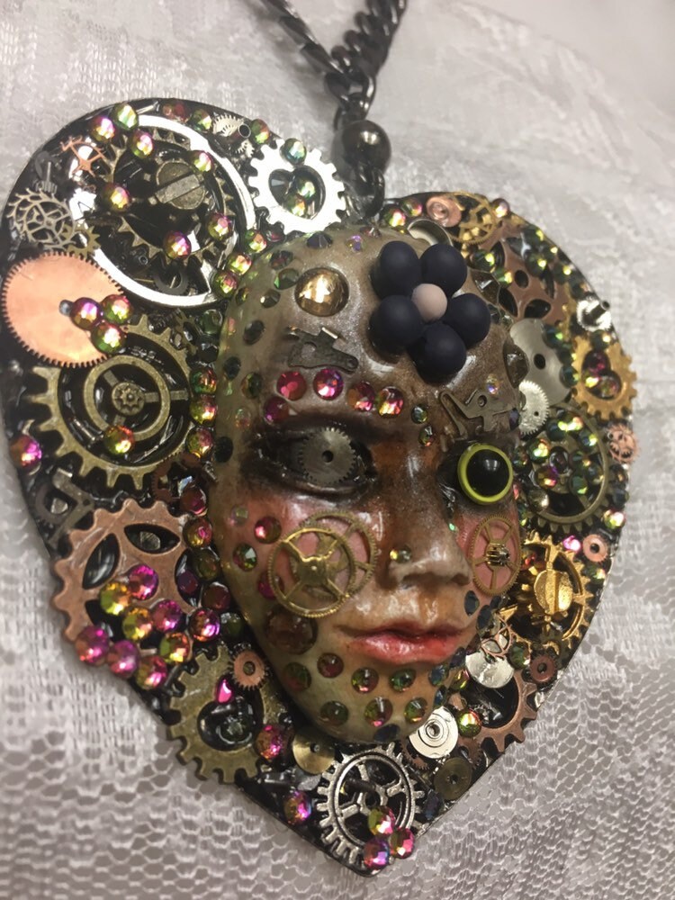 Spirit Assemblage Art Doll  Necklace Heart