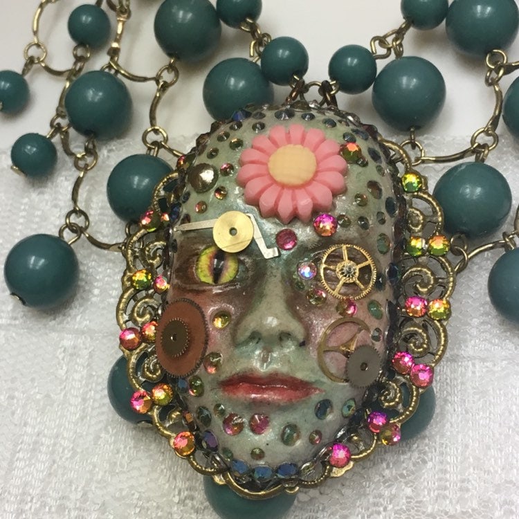 Handcrafted Spirit Doll Face Necklace: Creepy Art Jewelry
