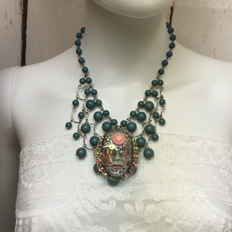Handcrafted Spirit Doll Face Necklace: Creepy Art Jewelry