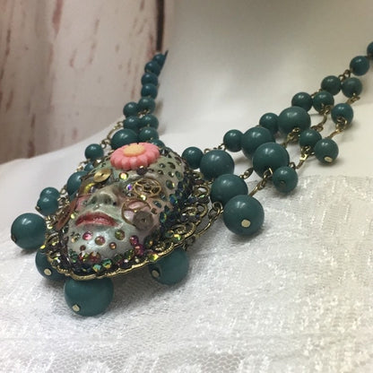 Handcrafted Spirit Doll Face Necklace: Creepy Art Jewelry