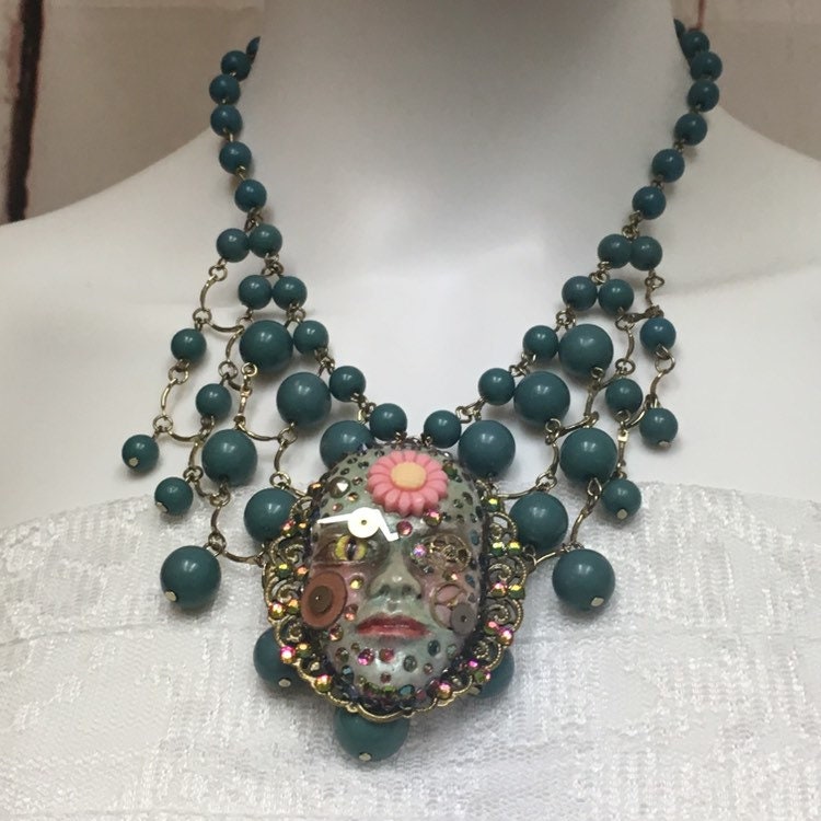 Handcrafted Spirit Doll Face Necklace: Creepy Art Jewelry