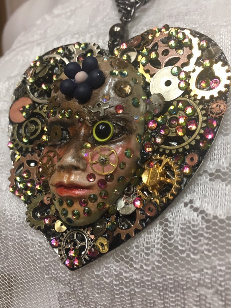 Spirit Assemblage Art Doll  Necklace Heart