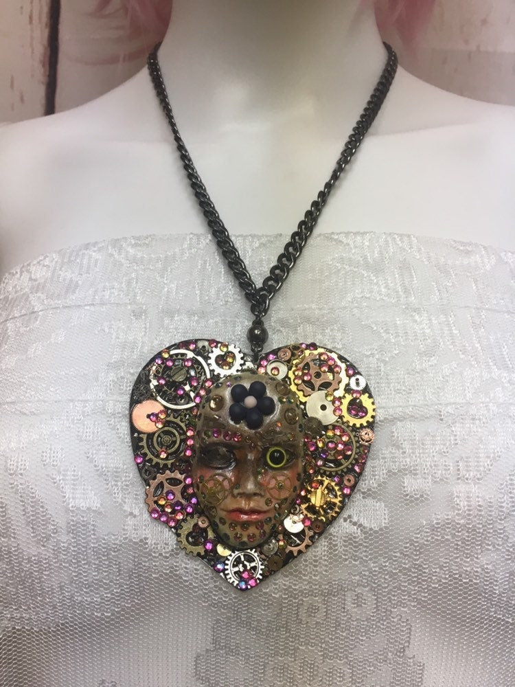 Spirit Assemblage Art Doll  Necklace Heart