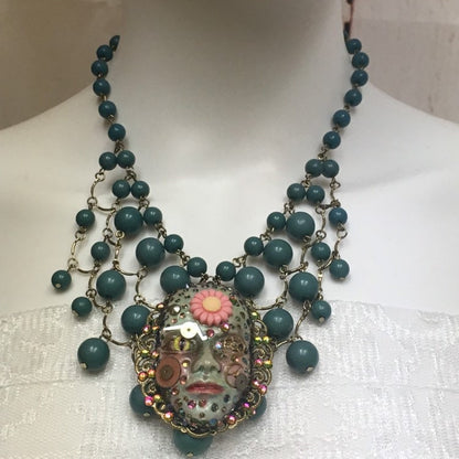 Handcrafted Spirit Doll Face Necklace: Creepy Art Jewelry