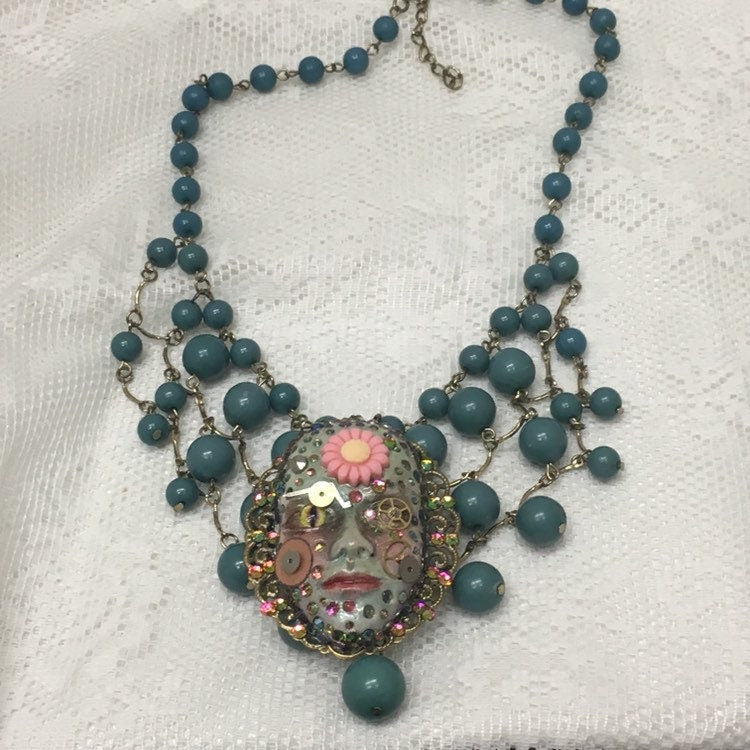 Handcrafted Spirit Doll Face Necklace: Creepy Art Jewelry