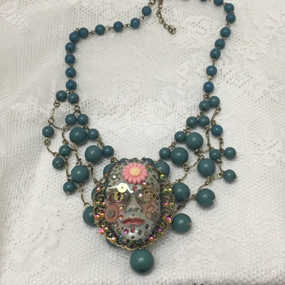 Handcrafted Spirit Doll Face Necklace: Creepy Art Jewelry