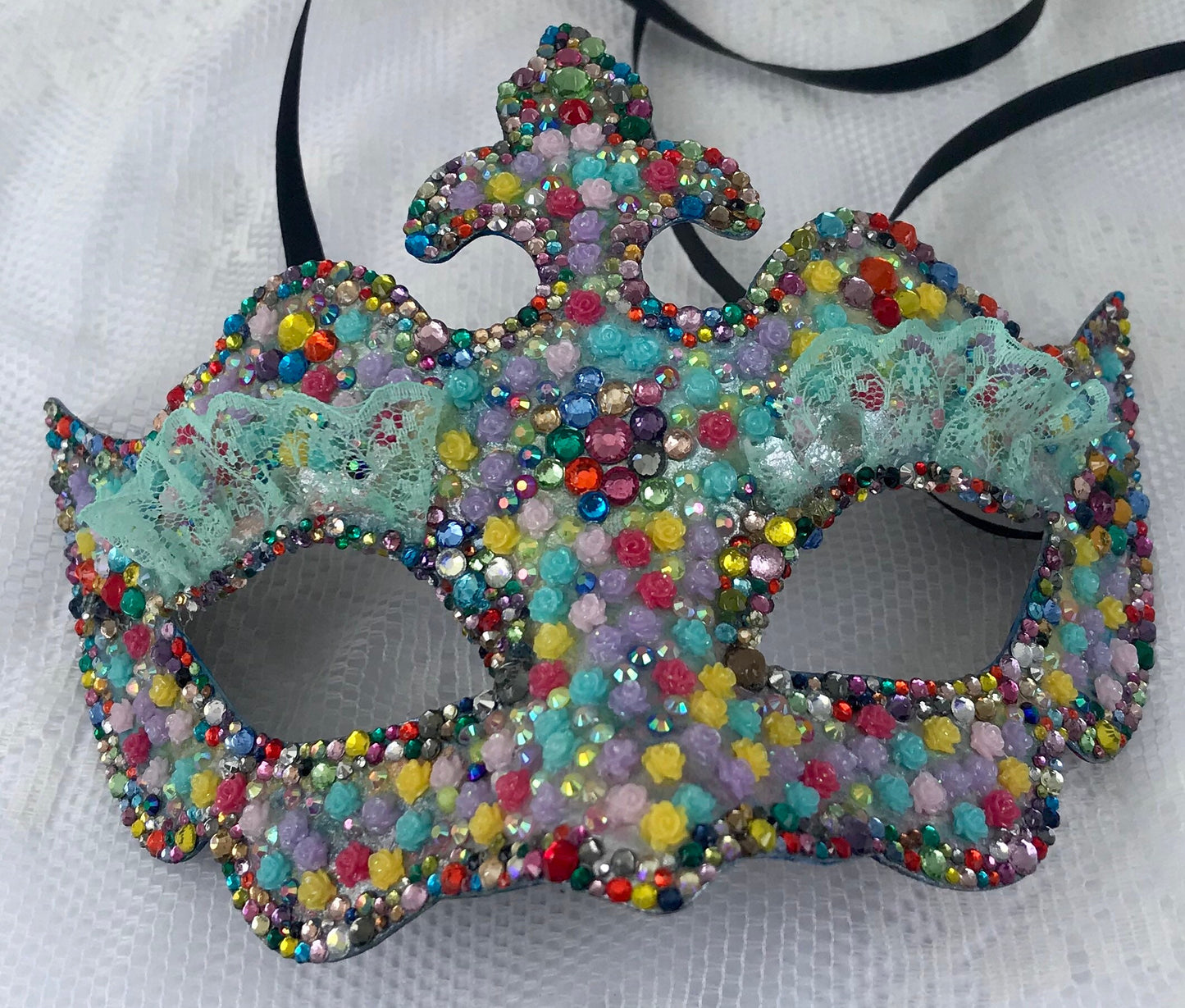 Handmade Rhinestone Masquerade Mask: Roses, Lace, Party Mask