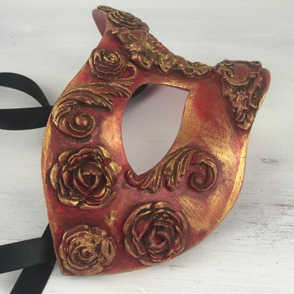 Handmade Red Masquerade Mask: Roses, Rhinestones, Party Mask