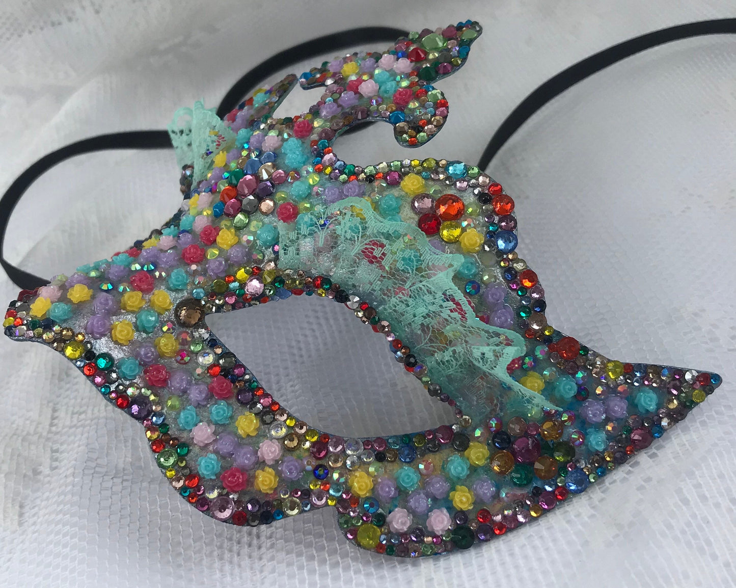 Handmade Rhinestone Masquerade Mask: Roses, Lace, Party Mask